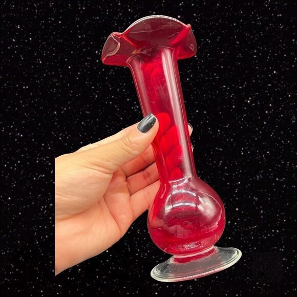 Art Glass Vase Crackle Bottom Ruby Red Ruffled Top Clear Bottom Glass 8”T 3.25”W - Picture 3 of 9